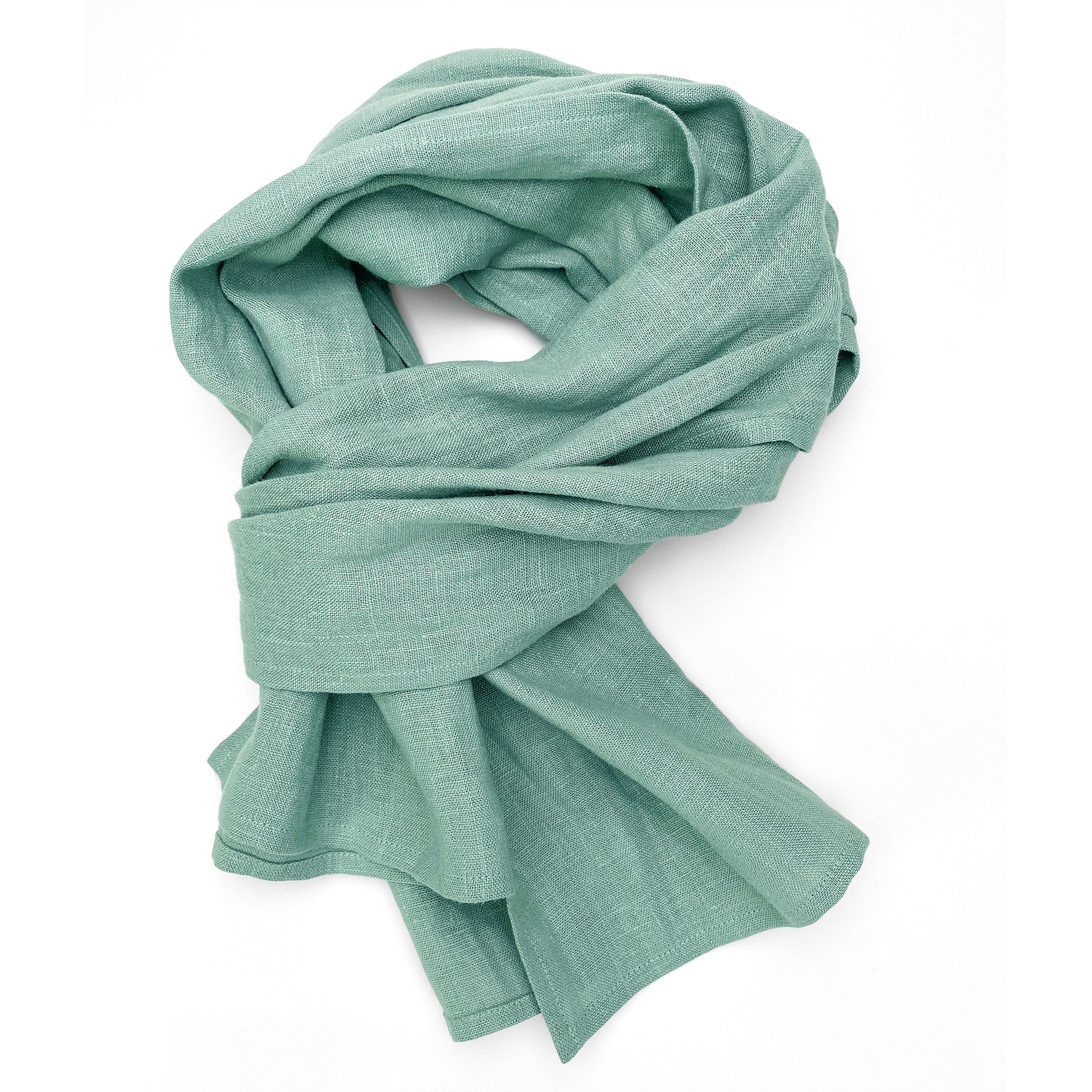 Aqua Sky Blue inen scarf twisted and styled on a white background