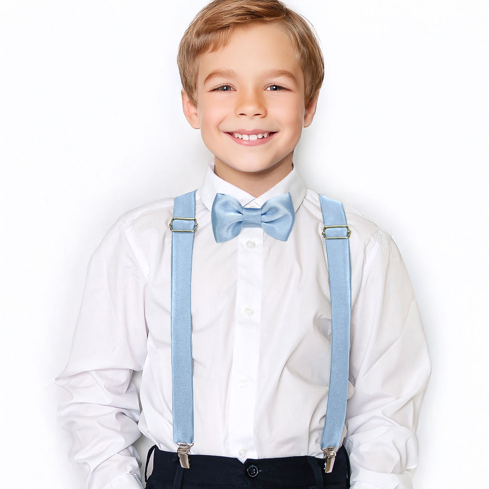 Sky Blue Satin Suspenders on a boy model