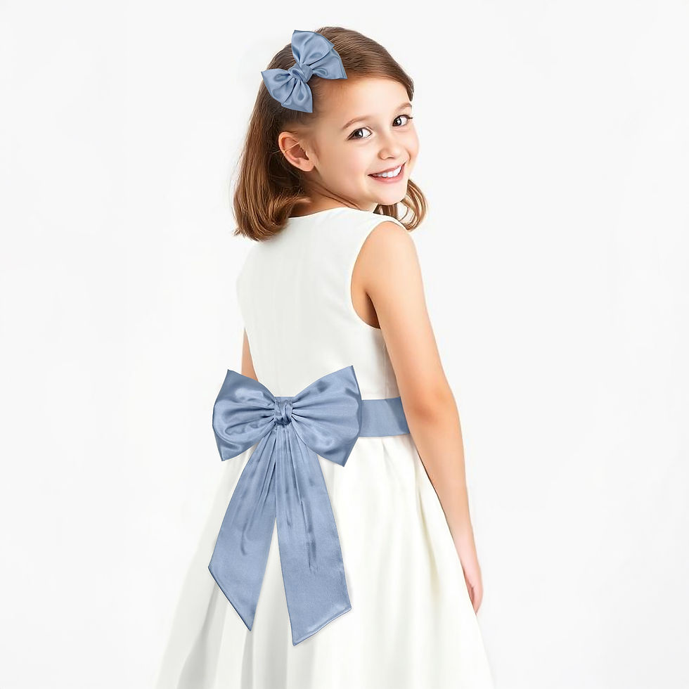 Dusty Blue Satin Sash Belt with Pre-tied Bow on a girl model