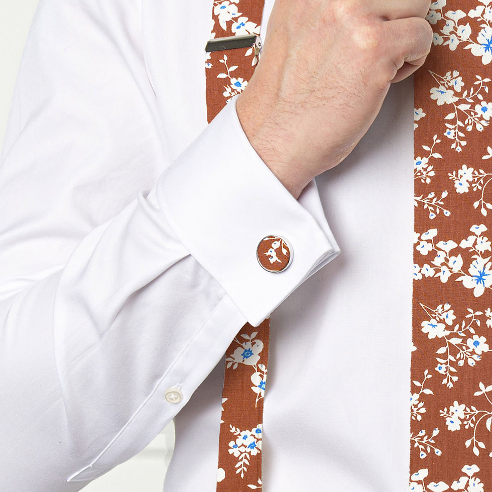 Rust Brown Floral Cufflinks on a male model white shirt