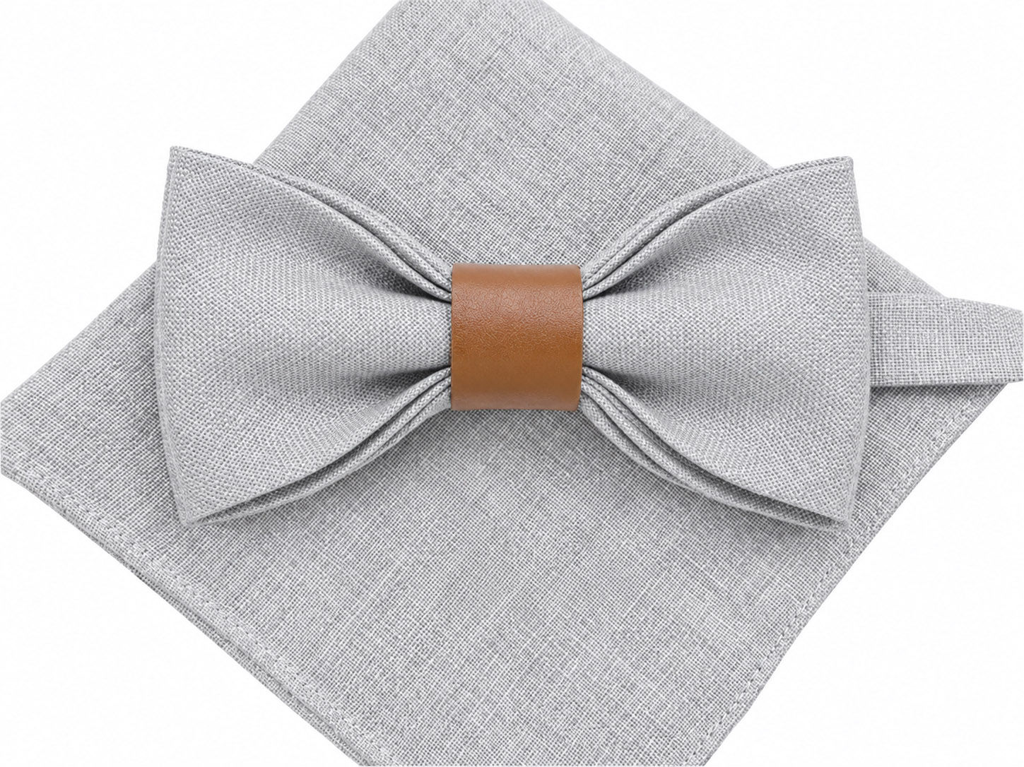 Light grey linen bow tie with a brown leather center and matching pocket square