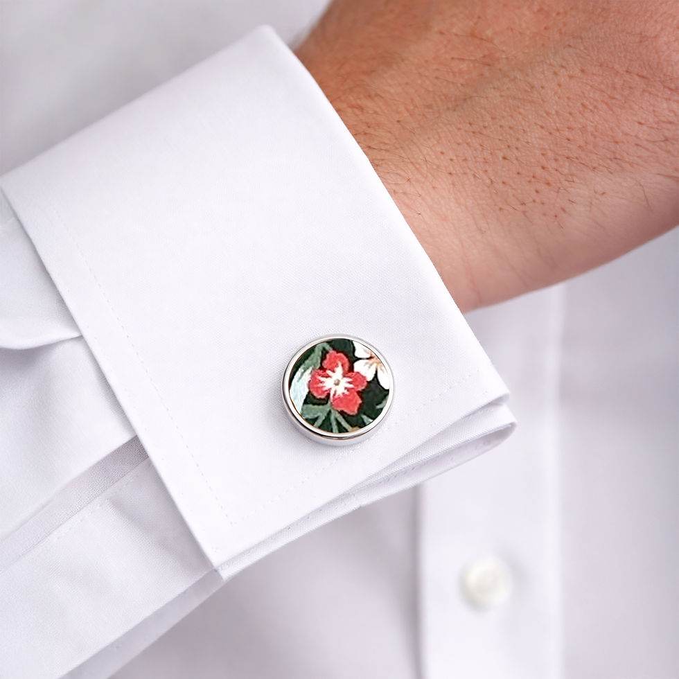 Dark Green Floral Cufflinks on a white male shirt