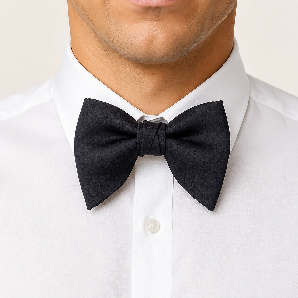 Man wearing an oversized black satin bow tie with a white shirt