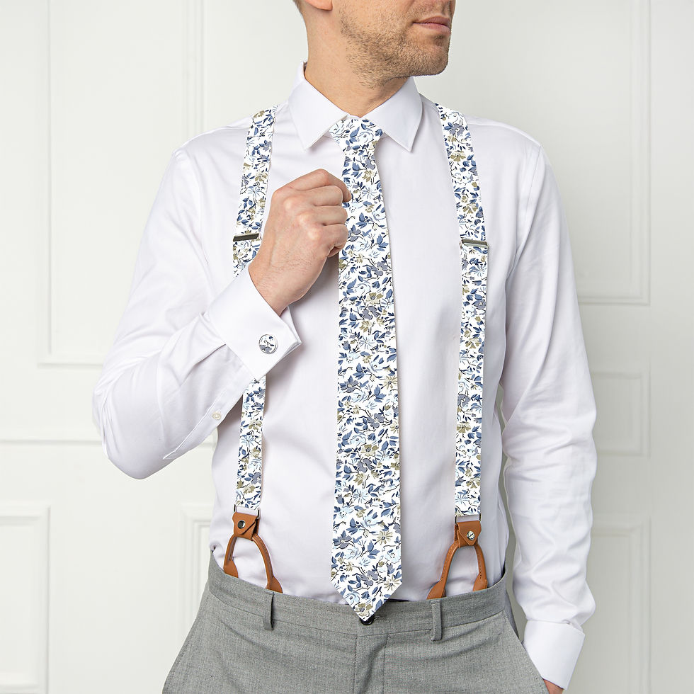 Light Blue Floral Suspenders with leather on a male model with white shirt and matching accessories set