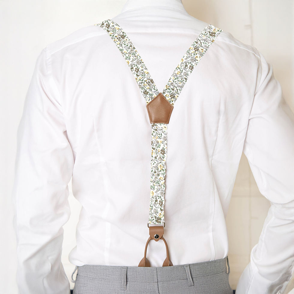 Ivory Floral Suspenders with leather on a male model with white shirt back view