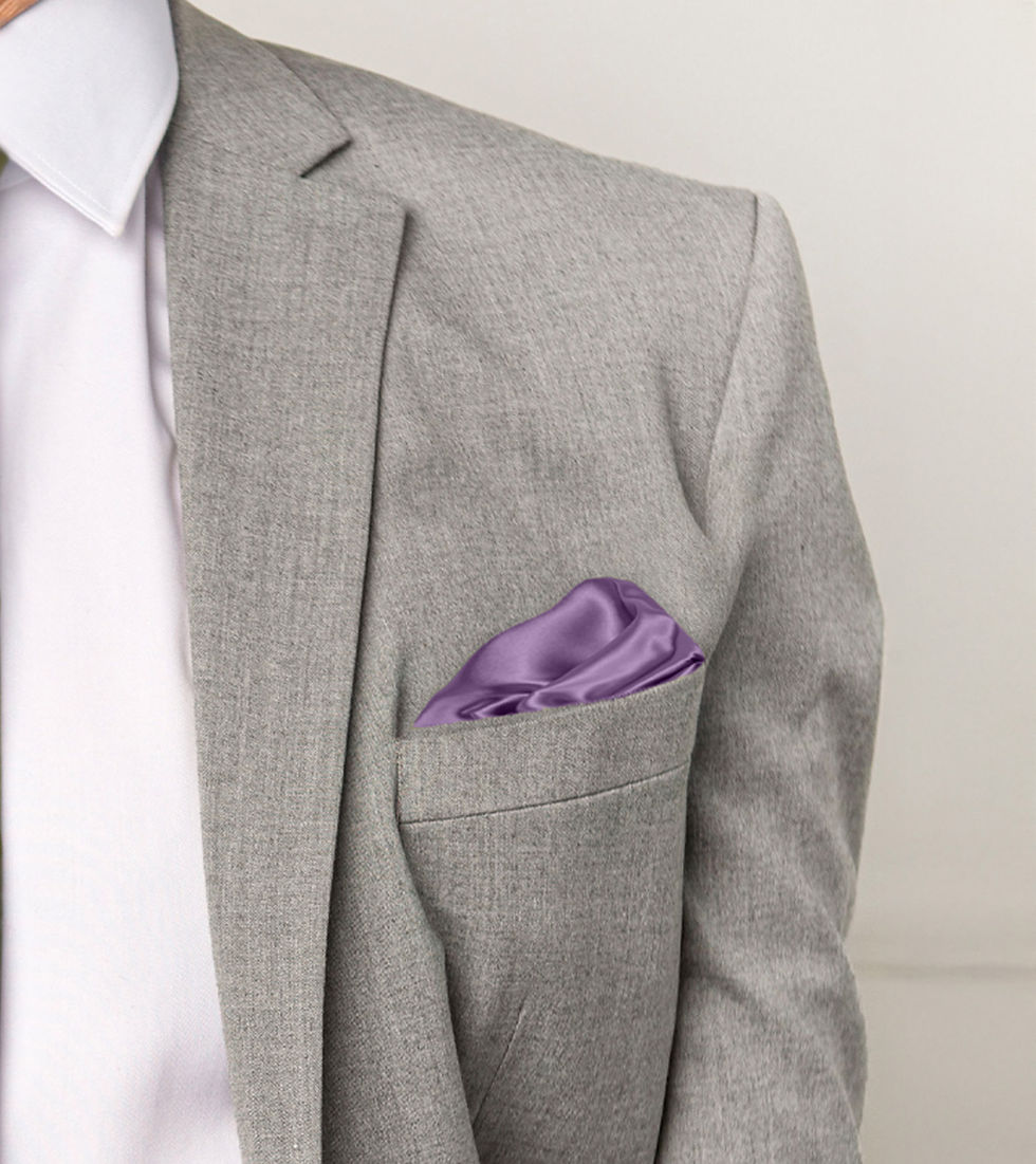 Wisteria Purple Satin Linen Pocket square on a male model