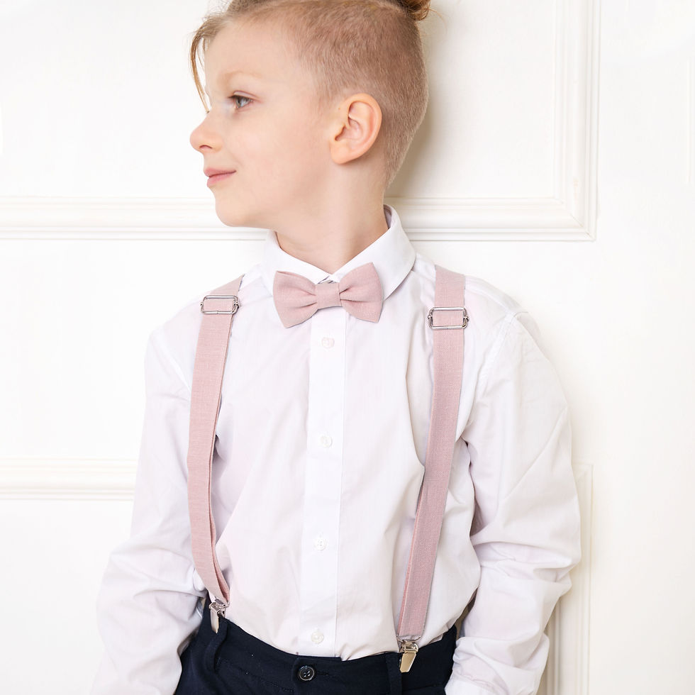 Thumbnail: Dusty Pink Suspenders on a boy model with white shirt
