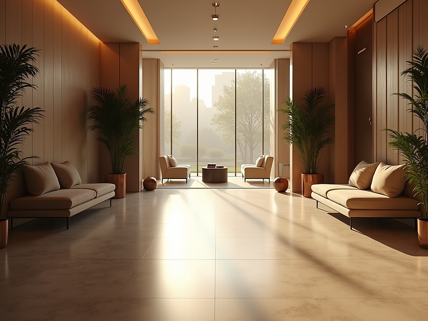 A luxurious hotel lobby interior with elegant seating and modern decor, illuminated by sof