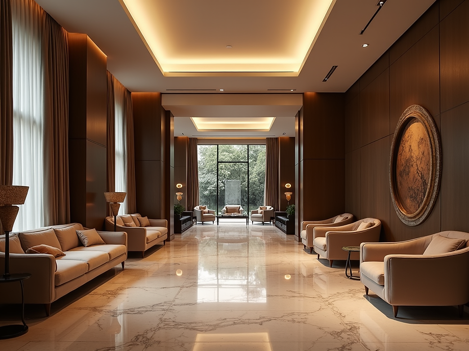 Elegant, modern hotel lobby interior with luxurious seating and sophisticated lighting, pr