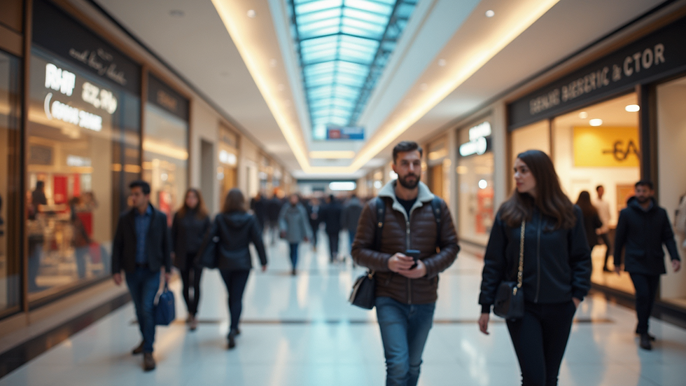 Wide angle view of a busy shopping mall during a promotion