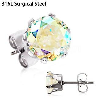 Pair of 316L Stainless Steel Aurora Borealis Round CZ Stud Earrings