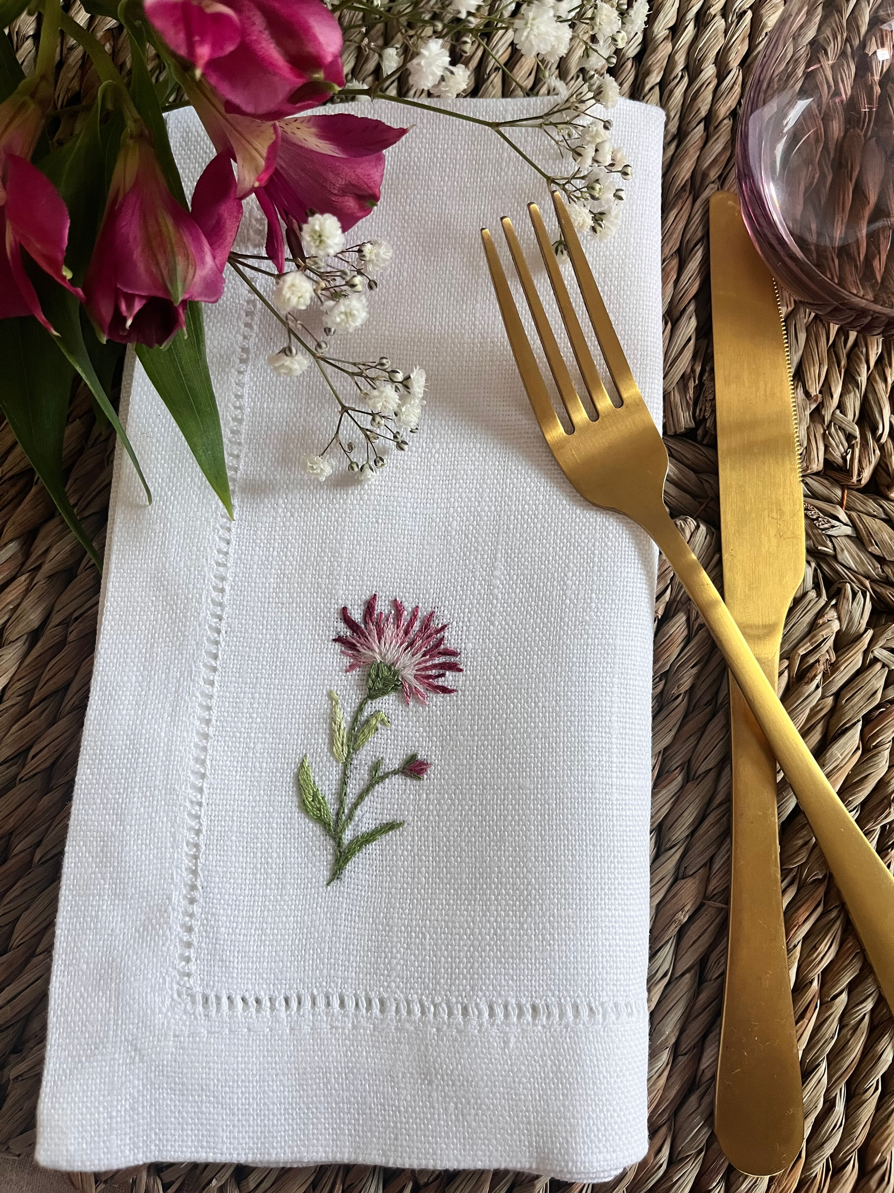 Hand Embroidered Cornflower design Linen/ Cotton Table Napkins