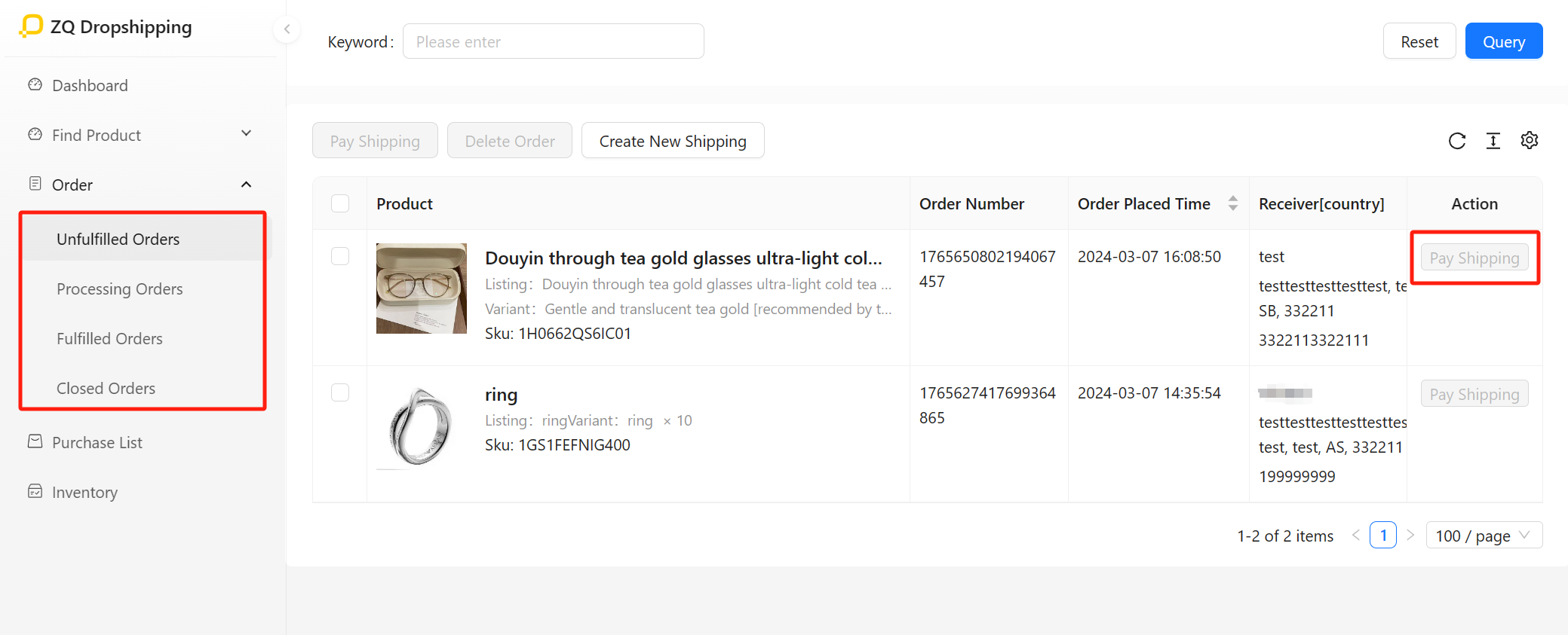 create dropshipping order