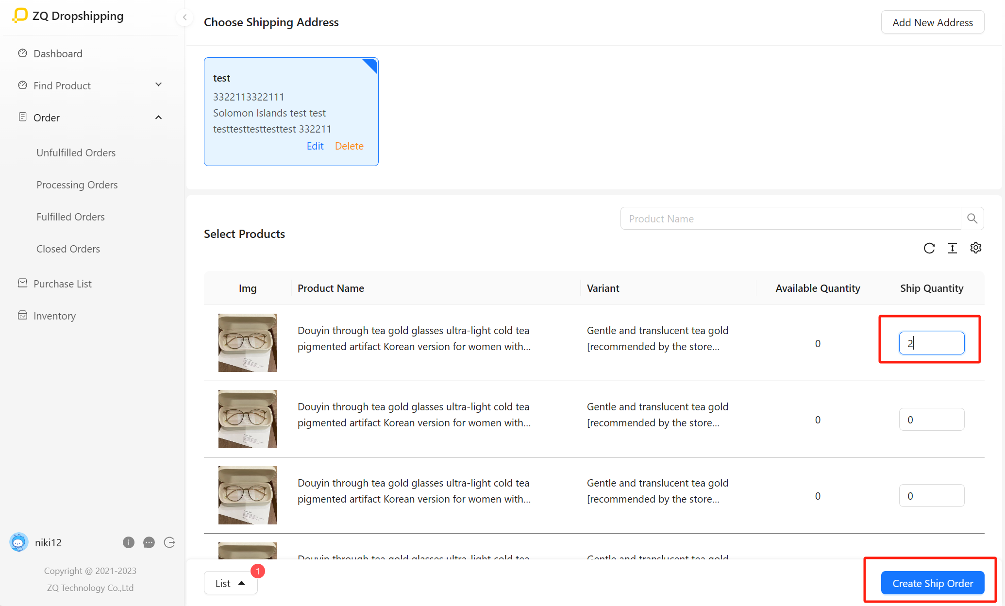create dropshipping order