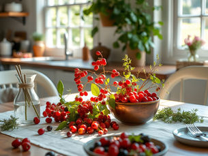 a sunlit kitchen table with summer berries and herbs