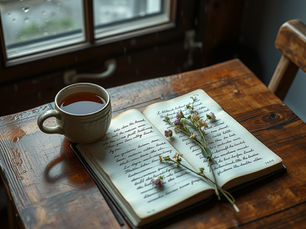 A crisp, high-resolution photorealistic shot. An overhead, slightly angled view of a beautiful, rustic wooden table on a rainy day. On the table sits a warm, steaming ceramic mug of herbal tea, an open linen journal with elegant hand-written script, and a small, delicate bunch of freshly cut wildflowers and green moss scattered organically beside it. The lighting is soft, natural, and moody, coming from a nearby window with raindrops visible on the glass blur in the background.