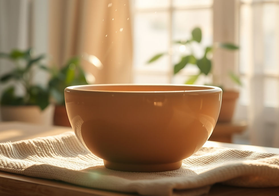 A beautiful, photorealistic, high-resolution shot focusing on a warm, handmade ceramic bowl. Soft, dappled sunlight filters through window glass, catching a few stray specks of dust in the air. In the background, out of focus, is a cozy, light-filled room with indoor plants and linen curtains. The feeling is pure peace, stillness, and deep, physical relief. Earthy, organic tones.