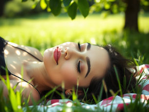 a woman lying down on a blanket in the grass, eyes closed, dappled sunlight filtering through leaves above her