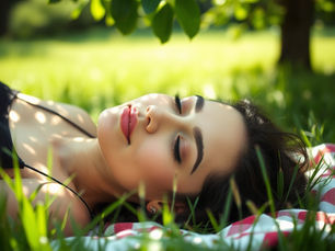 a woman lying down on a blanket in the grass, eyes closed, dappled sunlight filtering through leaves above her