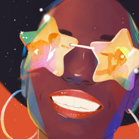 An illustration of a Black woman with an afro and star-shaped sunglasses.