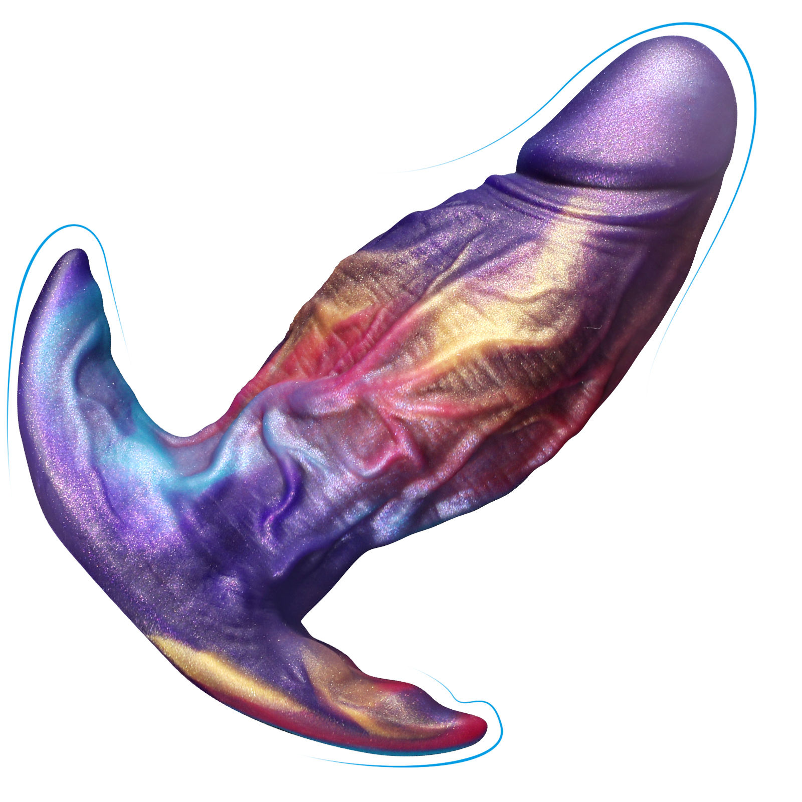 Iridescent fantasy dildo with veins in galaxy purple blue gold silicone