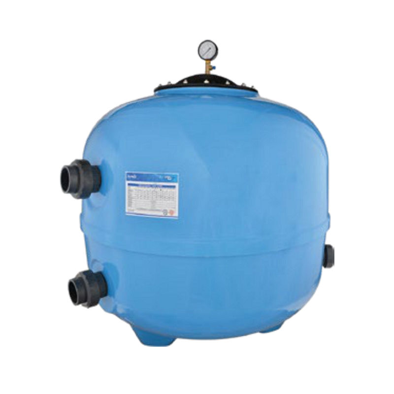 Mavi havuz filtresi, Waterfun Ø50 Yandan Yapıştırma Besleme Nozulu, basınç göstergesi ile beyaz arka plan.