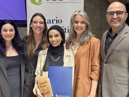 Salma Bafigih, centre, finishes second a the Ontario 2025 Three Minute Thesis competition held at the University of Toronto.