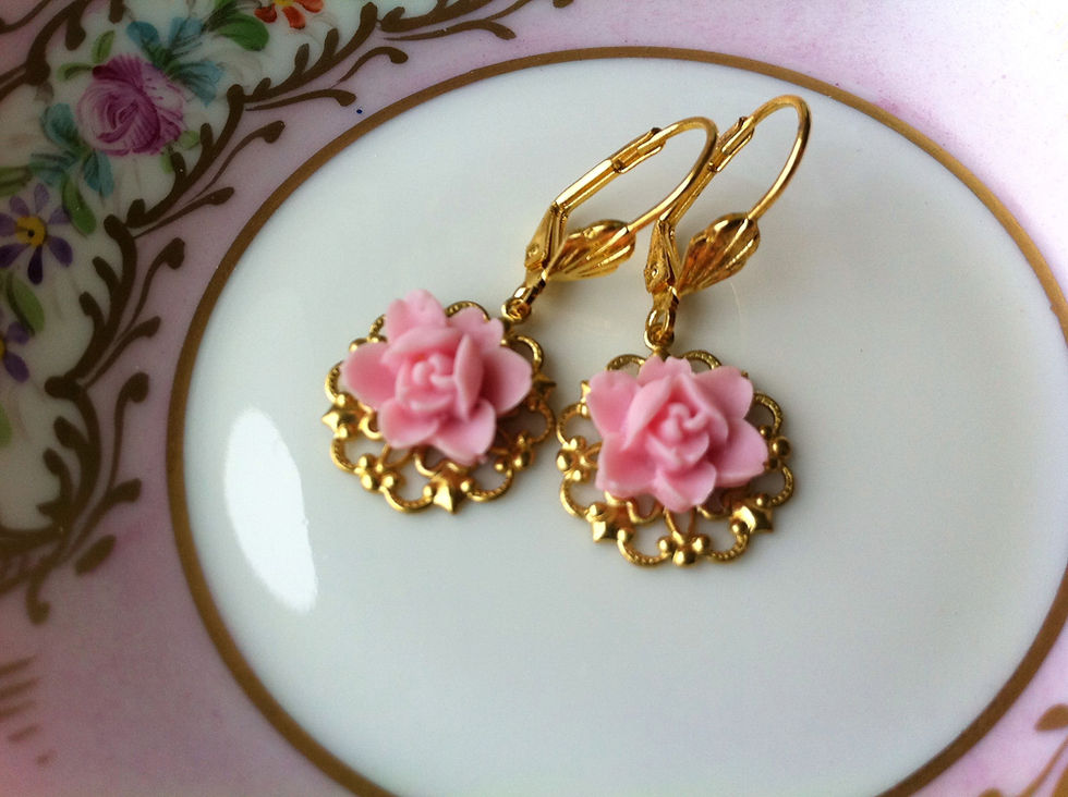 Gold and Pink Rose Earrings