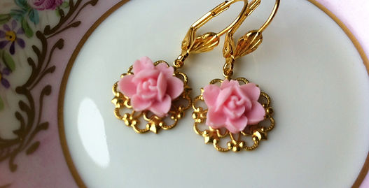 Gold and Pink Rose Earrings 