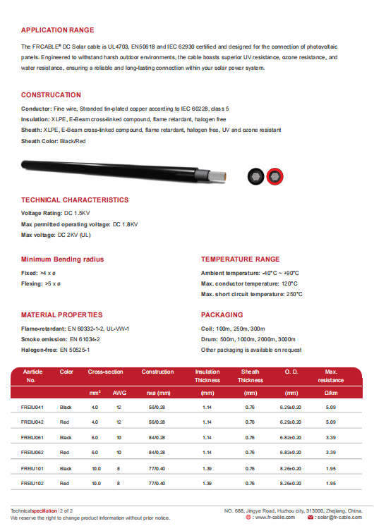 FRCABLE Solar EN50618 H1Z2Z2-K & UL 4703       1.5KV