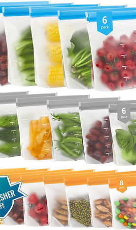 The reusable bags can stand up in the fridge which will make your fridge organized and larger capacity than flat bags can storage meats, meal, vegetables, frozen foods, cereal, fruits.
The reusable bags can stand in the fridge and are PVC-free, lead-free, chloride-free, BPA-FREE, eco-friendly, airtight, and recyclable.