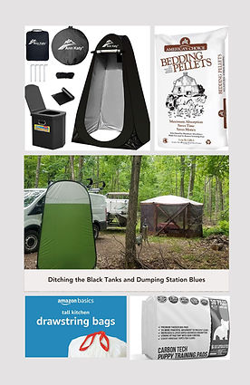 Dave and I created a natural and odorless camping toilet system of highly absorbent products that's easy to assemble and dispose of.