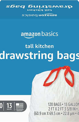 Amazon Basics Tall Kitchen Drawstring Trash Bags, 13 Gallon.  Includes 120 tall kitchen garbage bags