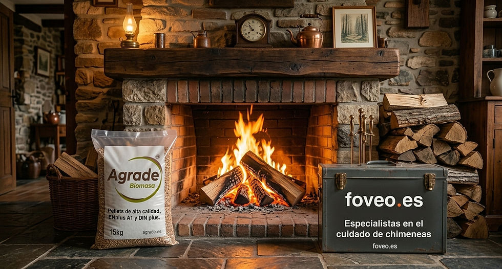 Chimenea encendida en salón rústico con saco de pellets de Agrade Biomasa y caja de herramientas de foveo.es; leña apilada y ambiente cálido.