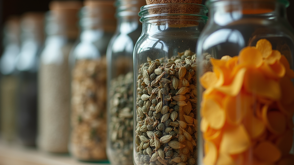 Close-up view of a variety of dried herbs in glass jars
