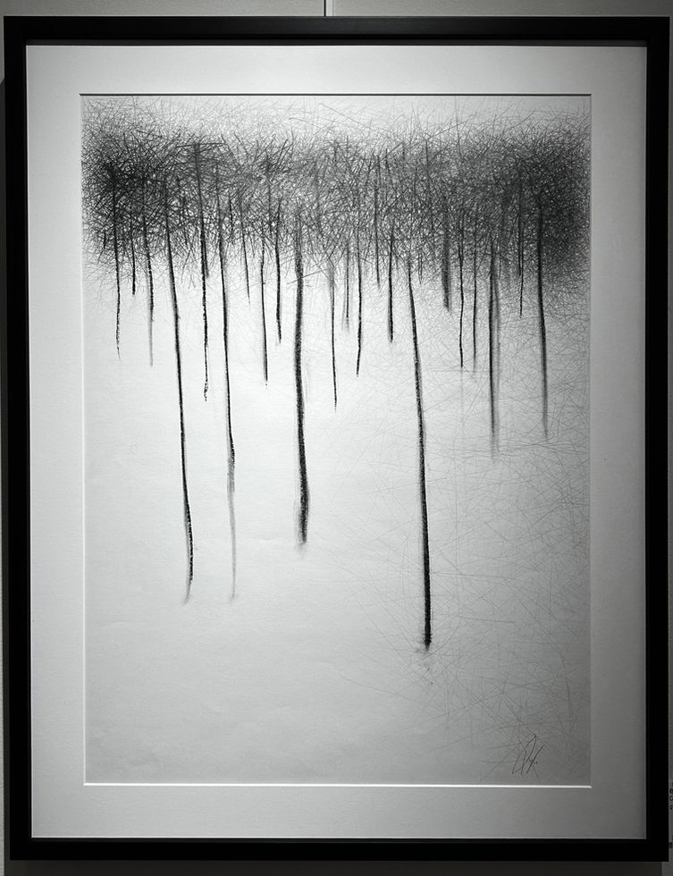 douglas gilbert drawing of abstract drawing of a forest in a snow day.