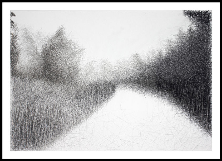 An abstract pencil drawing by Douglas Gilbert suggesting a path, bordered on one side by a thick, dark, bush-like wall made from accumulated lines, and on the other by light gray bush-like suggesting trees and high grass.