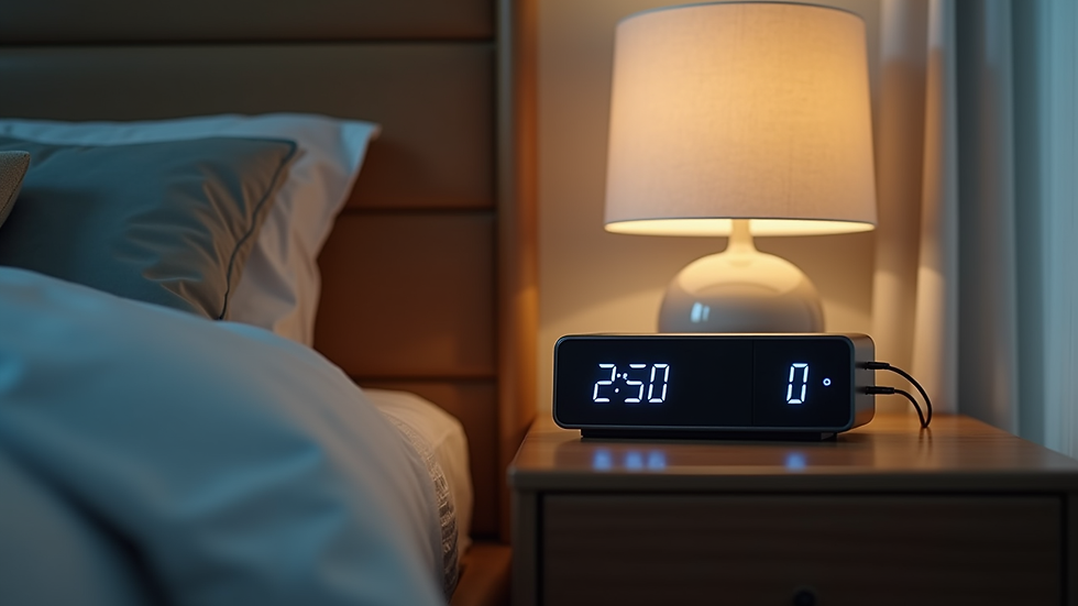 Close-up view of a digital clock with USB charging ports on a nightstand
