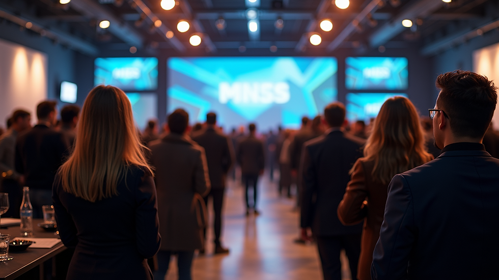 Vista panorámica de un evento de lanzamiento de producto con asistentes interactuando