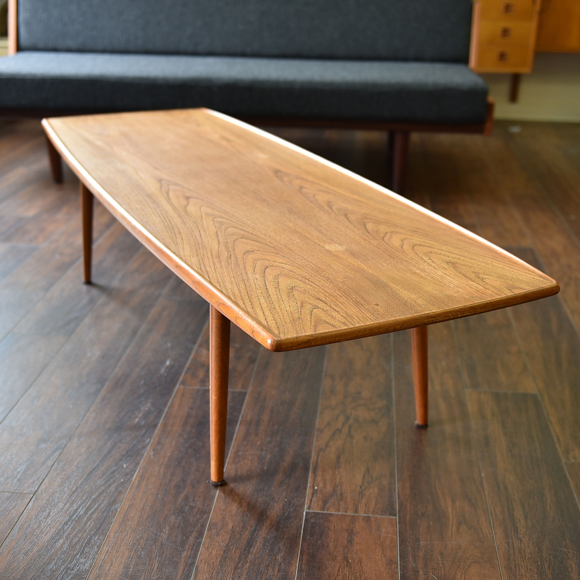 Sleek Danish Modern Teak Surfboard Coffee Table by Kristensen & Thomassen