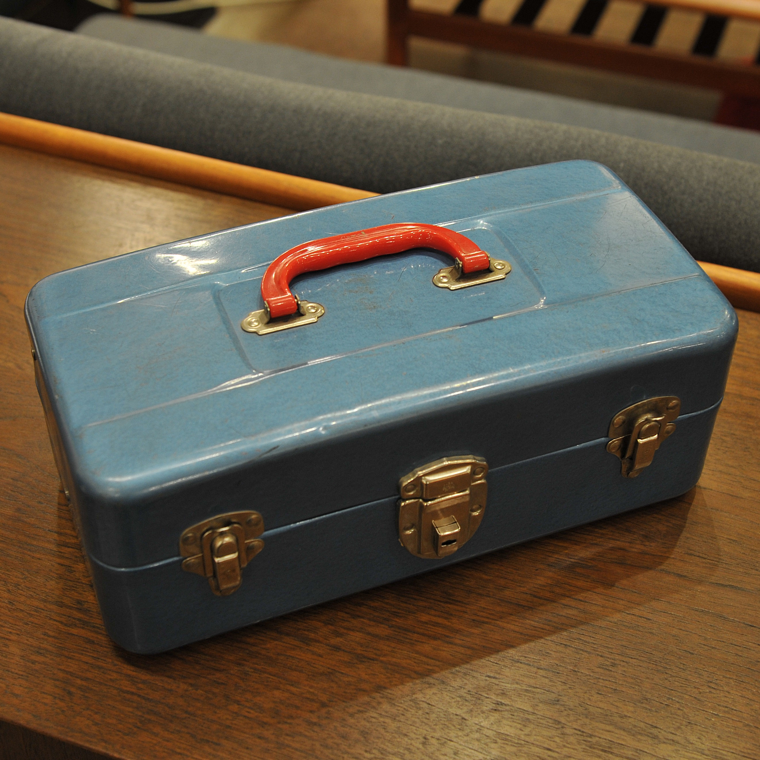 Vintage Blue Tackle Box with Red Handle