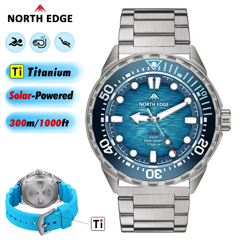 Close-up view of NORTH EDGE TRITON-TI watch face showing titanium bezel and solar panel