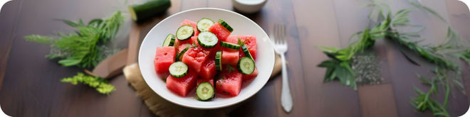 Bowls of avocado soup, watermelon salad, mango bean salad, and quinoa on a table. Below are smoothies, fruit, grilled zucchini, and salmon.