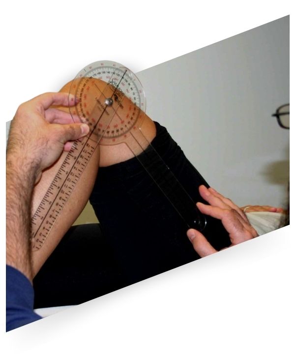 Image depicting a goniometer being used to evaluate a subjects knee.