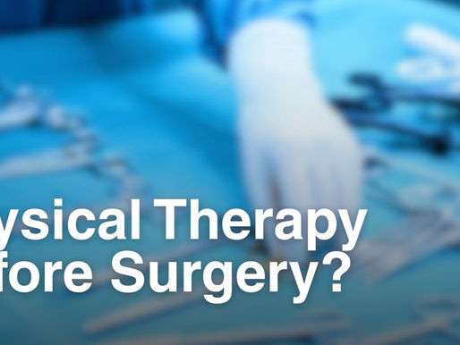 Gloved hand adjusts surgical tools on a blue table. Text reads "Physical Therapy Before Surgery?" conveying a medical theme.