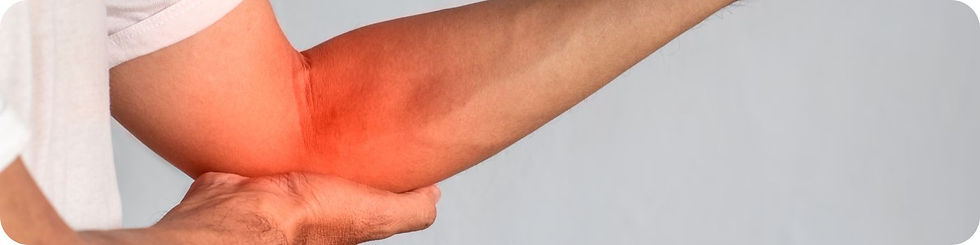 Image of a person with Golfer's elbow holding their elbow with the uncomfortable area graphically altered to a shade of red.