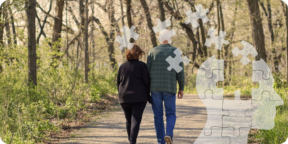 Image of an older couple going for a walk through their neighborhood woods with a slightly transparent image of a head made of white puzzle pieces with some pieces missing representing the slow progression of memory loss as we age.