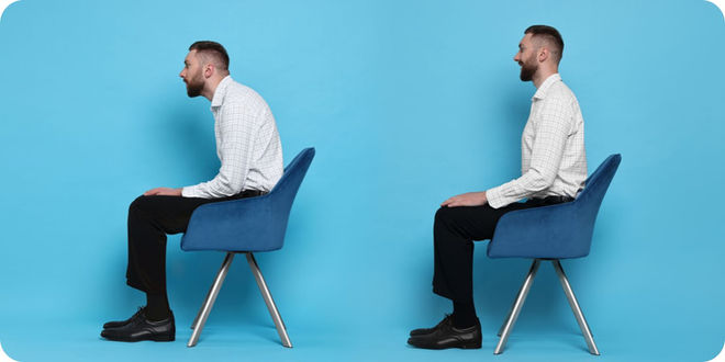 A side-by-side comparison of a man sitting in a chair with poor posture (left) and good posture (right) against a solid blue background. In the left image, the man is slouching forward with rounded shoulders and a forward head position. In the right image, he is sitting upright with his back straight, shoulders pulled back, and head aligned with his spine.