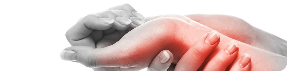 Black and white image of a person holding their wrist in pain with the uncomfortable graphically altered to a highlighted red color.