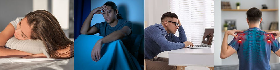 Four people: one sleeping in sunlight, one awake at night, one staring at a laptop in daylight, and one with back pain highlights.